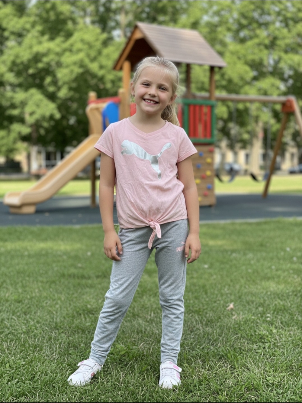 Puma Girls Pink Tie-Front Tee & Gray Joggers Set